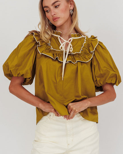 Olive Puff Sleeve Tied Neck Top