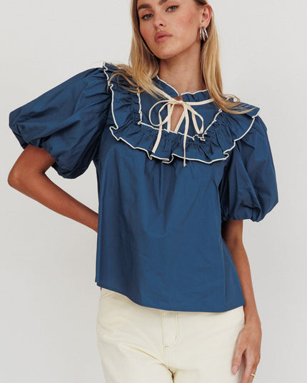 Teal Puff Sleeve Tied Neck Top