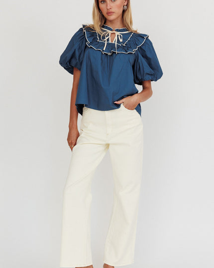 Teal Puff Sleeve Tied Neck Top