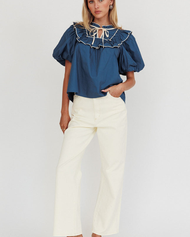 Teal Puff Sleeve Tied Neck Top