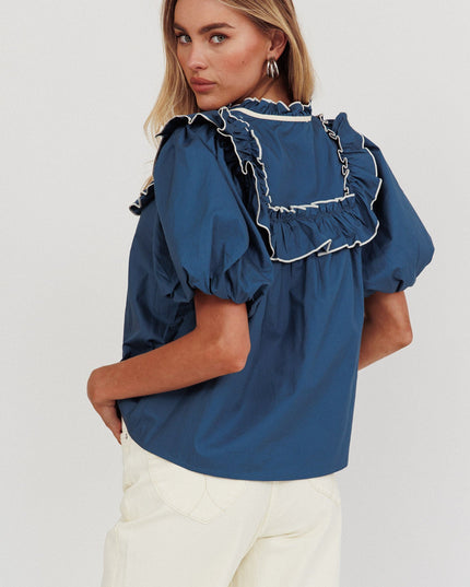 Teal Puff Sleeve Tied Neck Top
