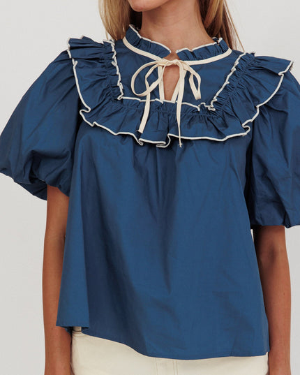 Teal Puff Sleeve Tied Neck Top