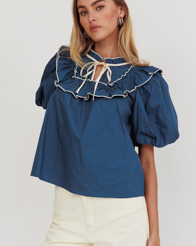 Teal Puff Sleeve Tied Neck Top