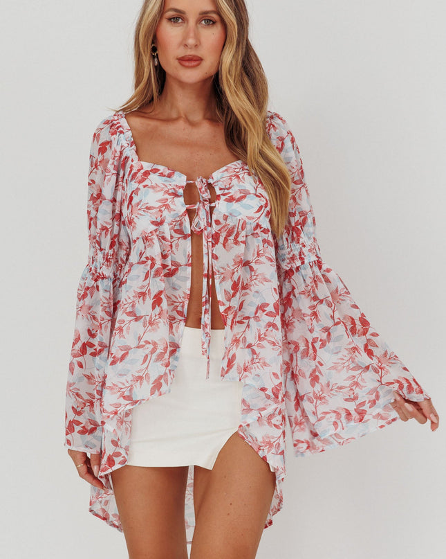 Brick Tie Front Blouse Print