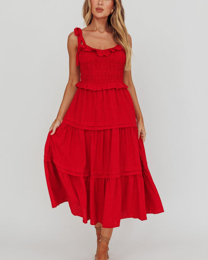 Red Tied Shoulder Shirred Midi Dress
