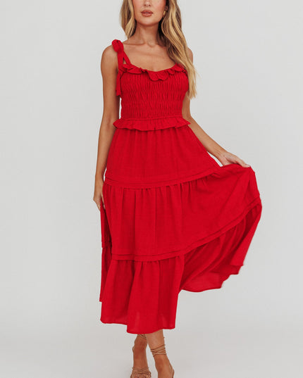 Red Tied Shoulder Shirred Midi Dress