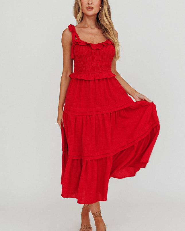 Red Tied Shoulder Shirred Midi Dress