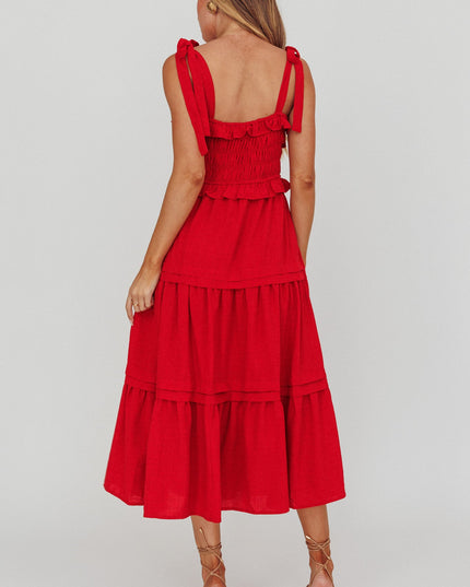Red Tied Shoulder Shirred Midi Dress