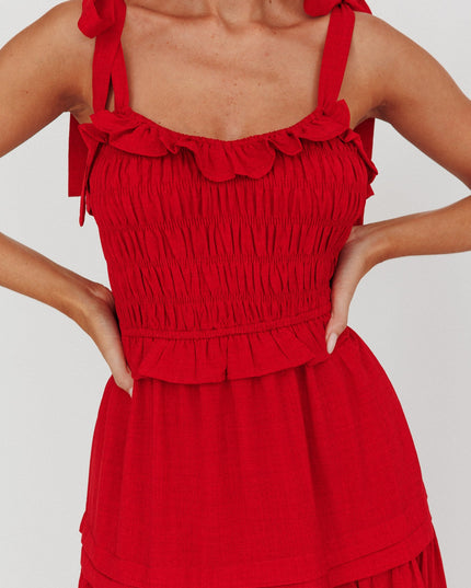 Red Tied Shoulder Shirred Midi Dress