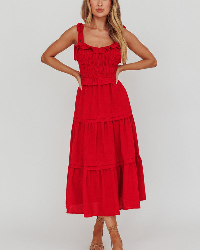 Red Tied Shoulder Shirred Midi Dress