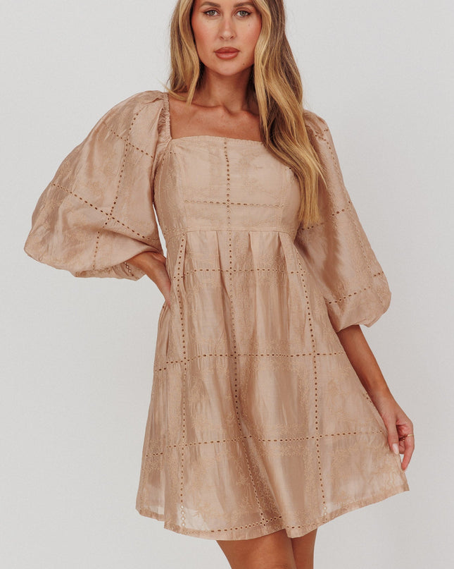 Beige Puff Sleeve Eyelet Mini Dress