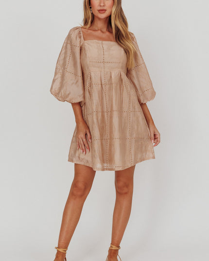 Beige Puff Sleeve Eyelet Mini Dress