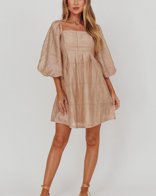 Beige Puff Sleeve Eyelet Mini Dress