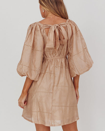 Beige Puff Sleeve Eyelet Mini Dress