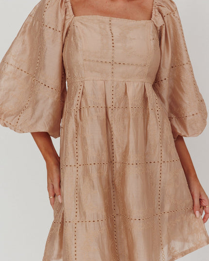 Beige Puff Sleeve Eyelet Mini Dress