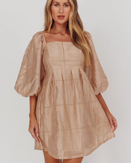 Beige Puff Sleeve Eyelet Mini Dress