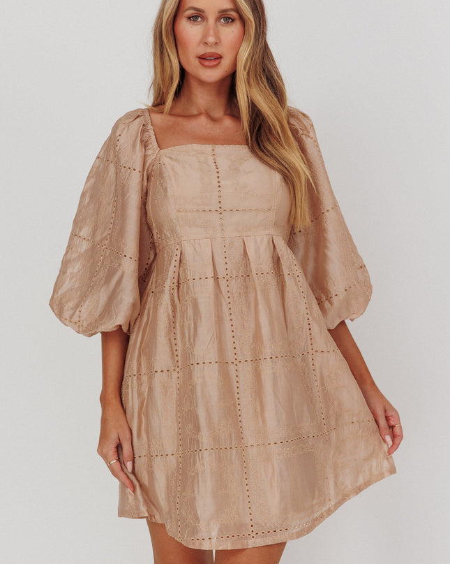 Beige Puff Sleeve Eyelet Mini Dress