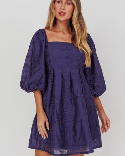 Navy Puff Sleeve Eyelet Mini Dress