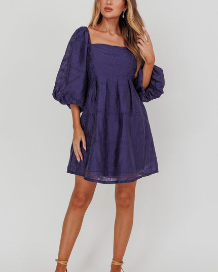 Navy Puff Sleeve Eyelet Mini Dress