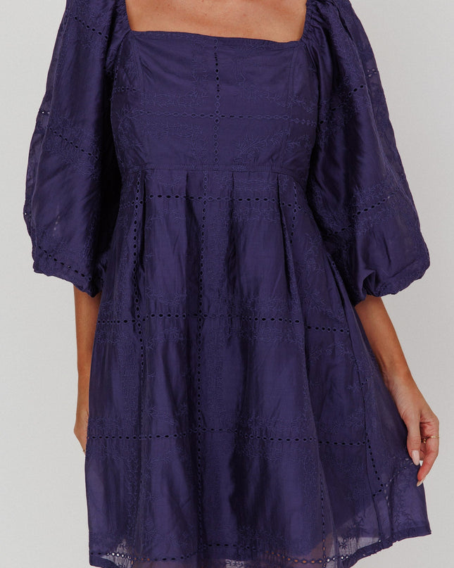 Navy Puff Sleeve Eyelet Mini Dress