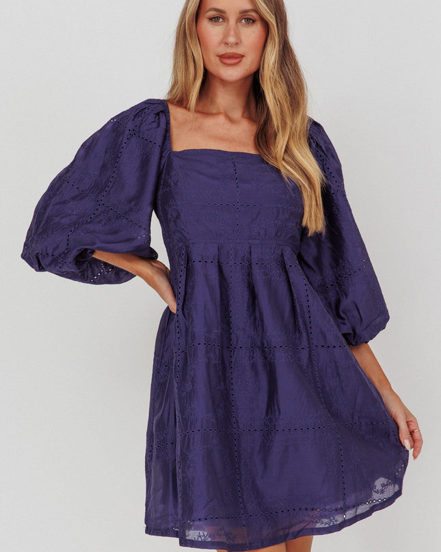 Navy Puff Sleeve Eyelet Mini Dress