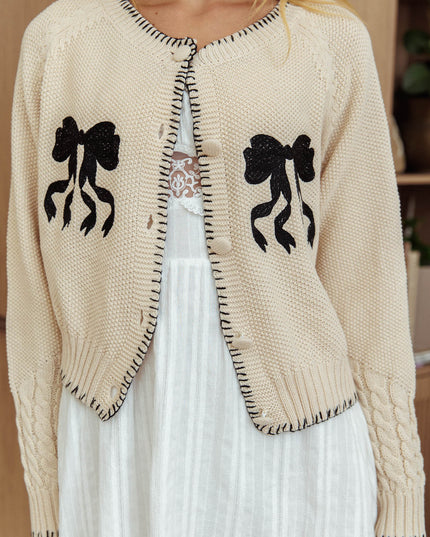 Ecru Snow Blanket Stitch Bow Cardigan