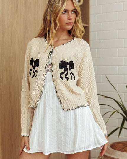 Ecru Snow Blanket Stitch Bow Cardigan