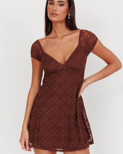 Brown Lace Overlay Mini Dress