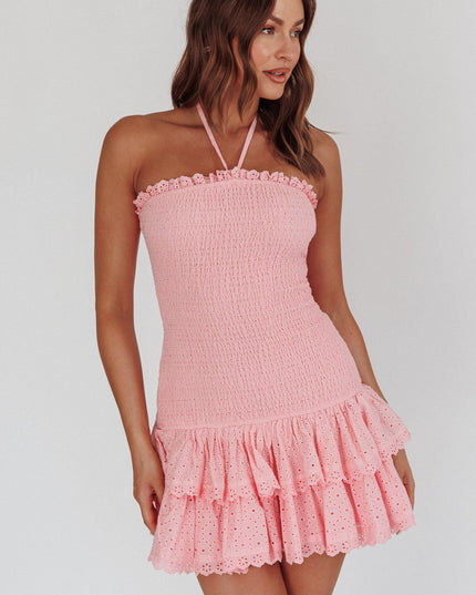 Pink Shirred Drop Waist Mini Dress