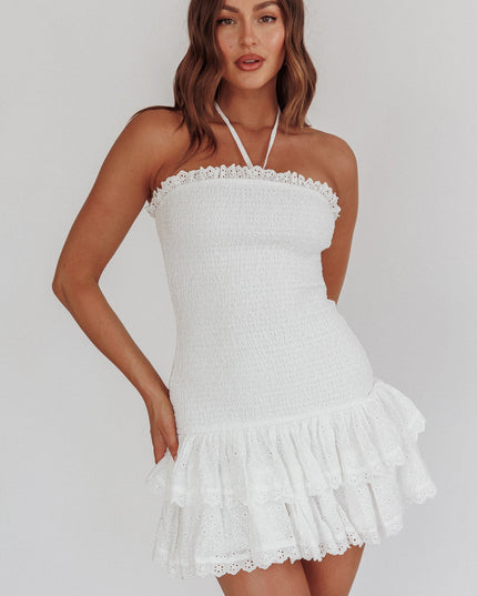 White Shirred Drop Waist Mini Dress