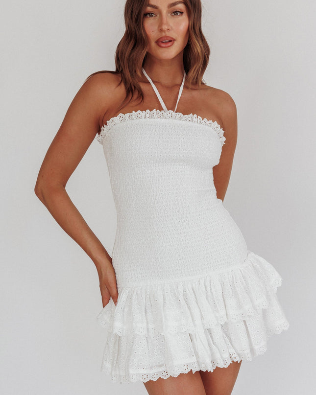 White Shirred Drop Waist Mini Dress