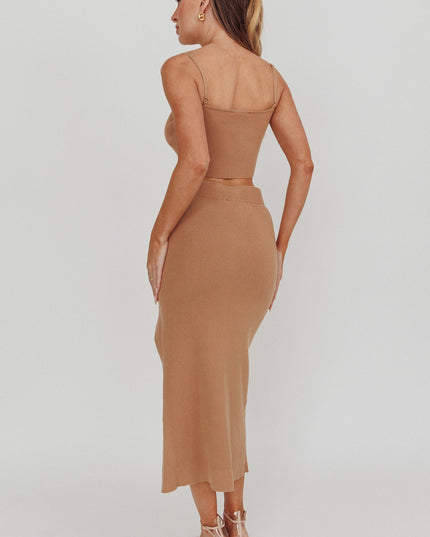 Camel Ribbed Midi Skirt