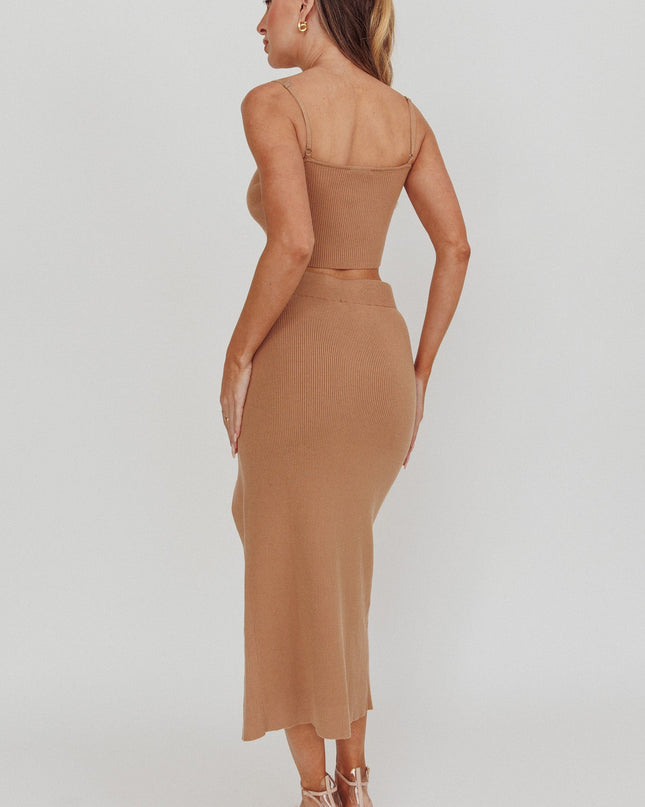 Camel Ribbed Midi Skirt