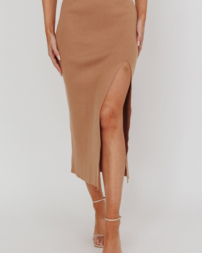 Camel Ribbed Midi Skirt