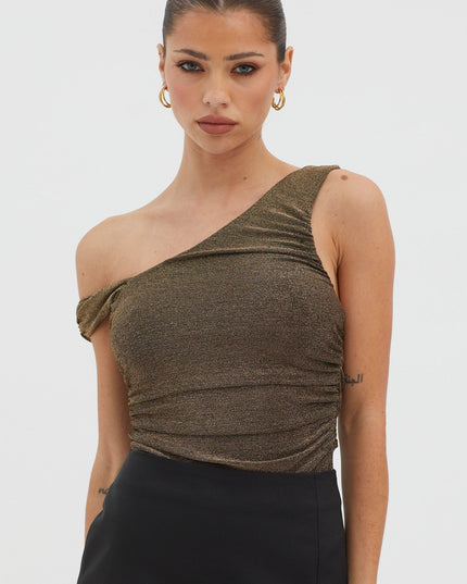 Black/Gold Asymmetrical Strap Bodysuit