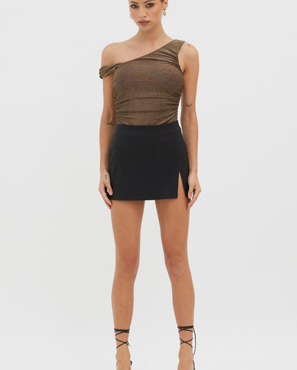 Black/Gold Asymmetrical Strap Bodysuit