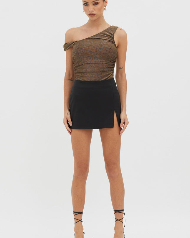 Black/Gold Asymmetrical Strap Bodysuit