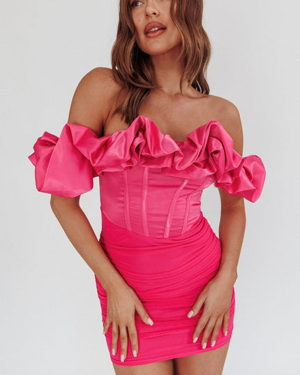 Hot Pink Off-Shoulder Ruched Mini Dress