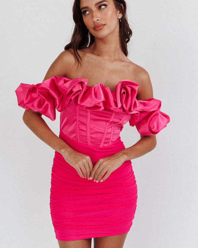Hot Pink Off-Shoulder Ruched Mini Dress