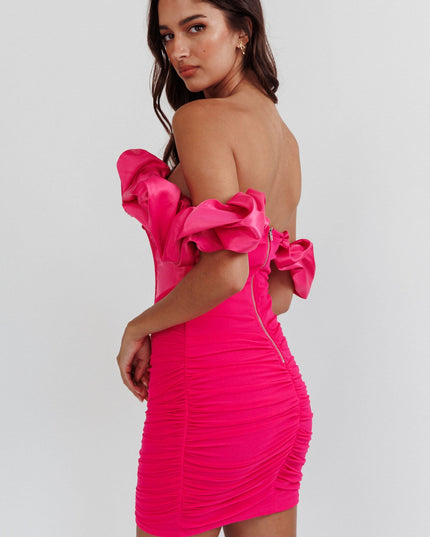 Hot Pink Off-Shoulder Ruched Mini Dress