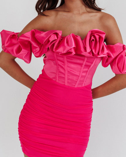 Hot Pink Off-Shoulder Ruched Mini Dress