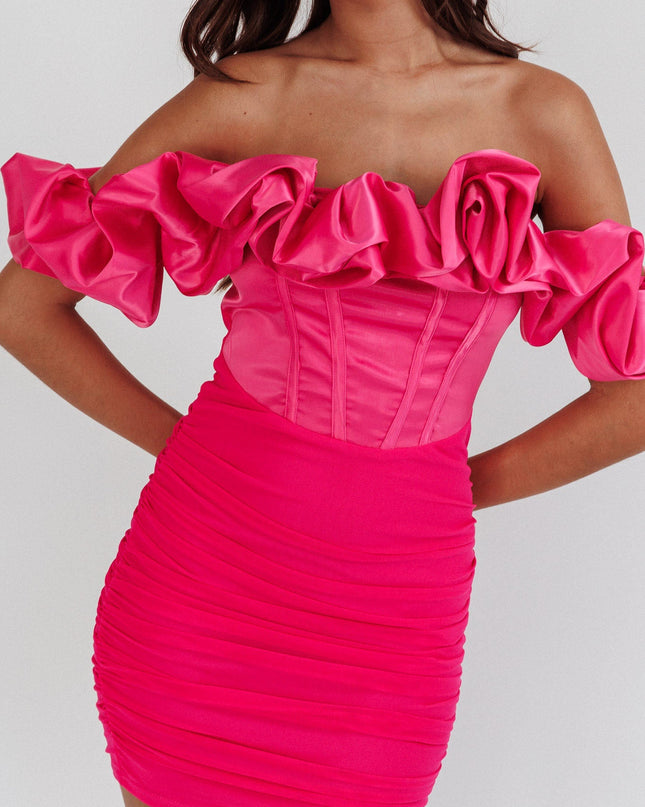 Hot Pink Off-Shoulder Ruched Mini Dress