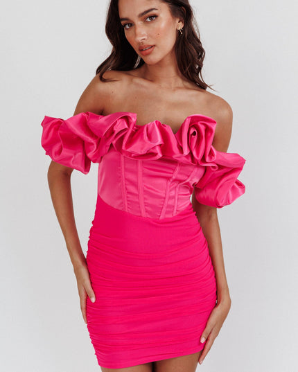 Hot Pink Off-Shoulder Ruched Mini Dress