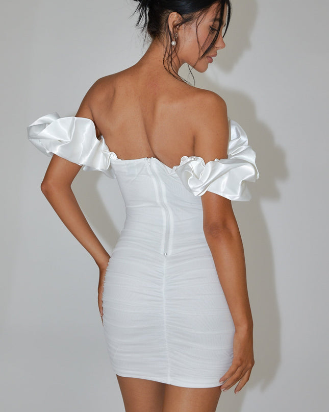 Off White Off-Shoulder Ruched Mini Dress