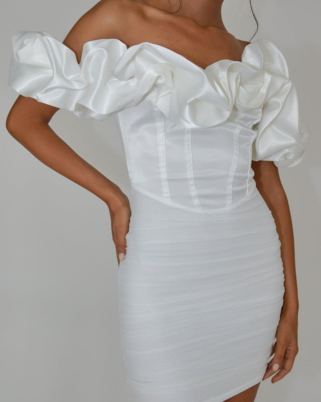 Off White Off-Shoulder Ruched Mini Dress