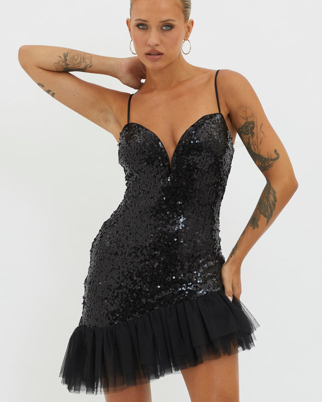 Black Tulle Hem Sequin Mini Dress