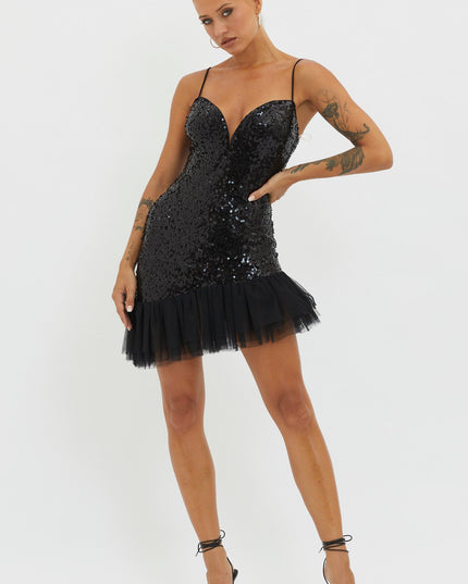 Black Tulle Hem Sequin Mini Dress