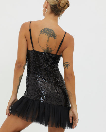 Black Tulle Hem Sequin Mini Dress