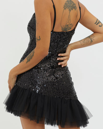 Black Tulle Hem Sequin Mini Dress