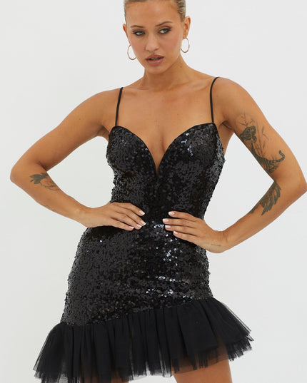 Black Tulle Hem Sequin Mini Dress
